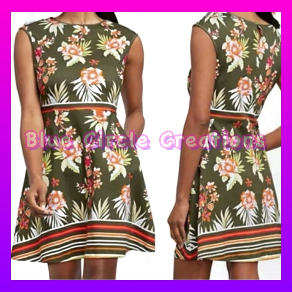 New York & Company Fit and Flare Dress Sleeveless Green Floral Striped Cotton S